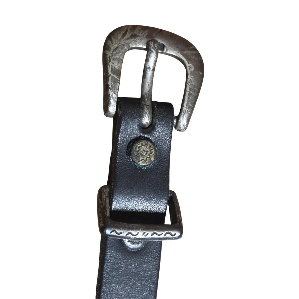 Fossil Leather Western Skinny Belt 28 Silver Engraved Ornate Buckle Grunge Boho